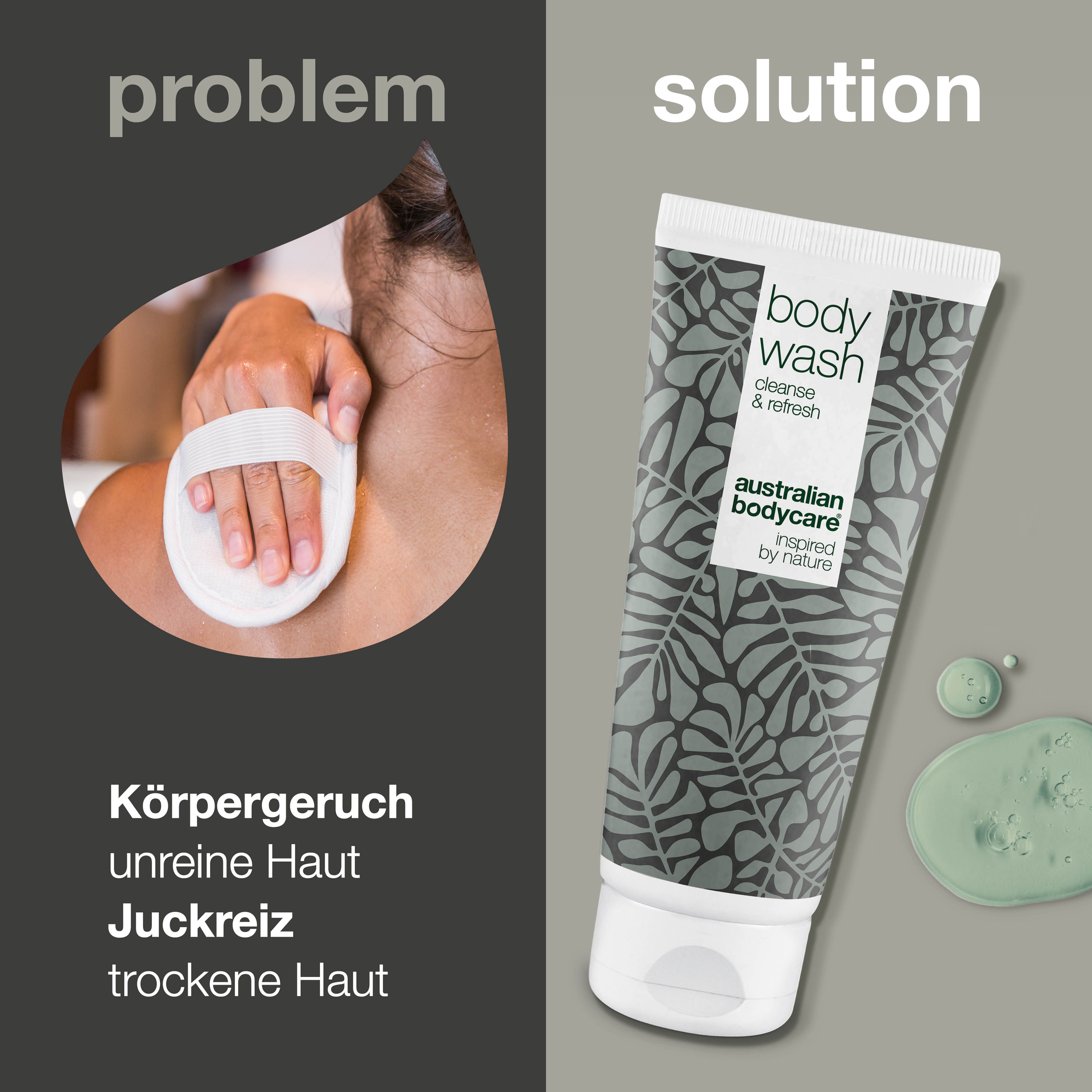 Duschgel-Tube und Text. Aufschrift: Body Wash, cleanse & refresh. Marke: Australian Bodycare.