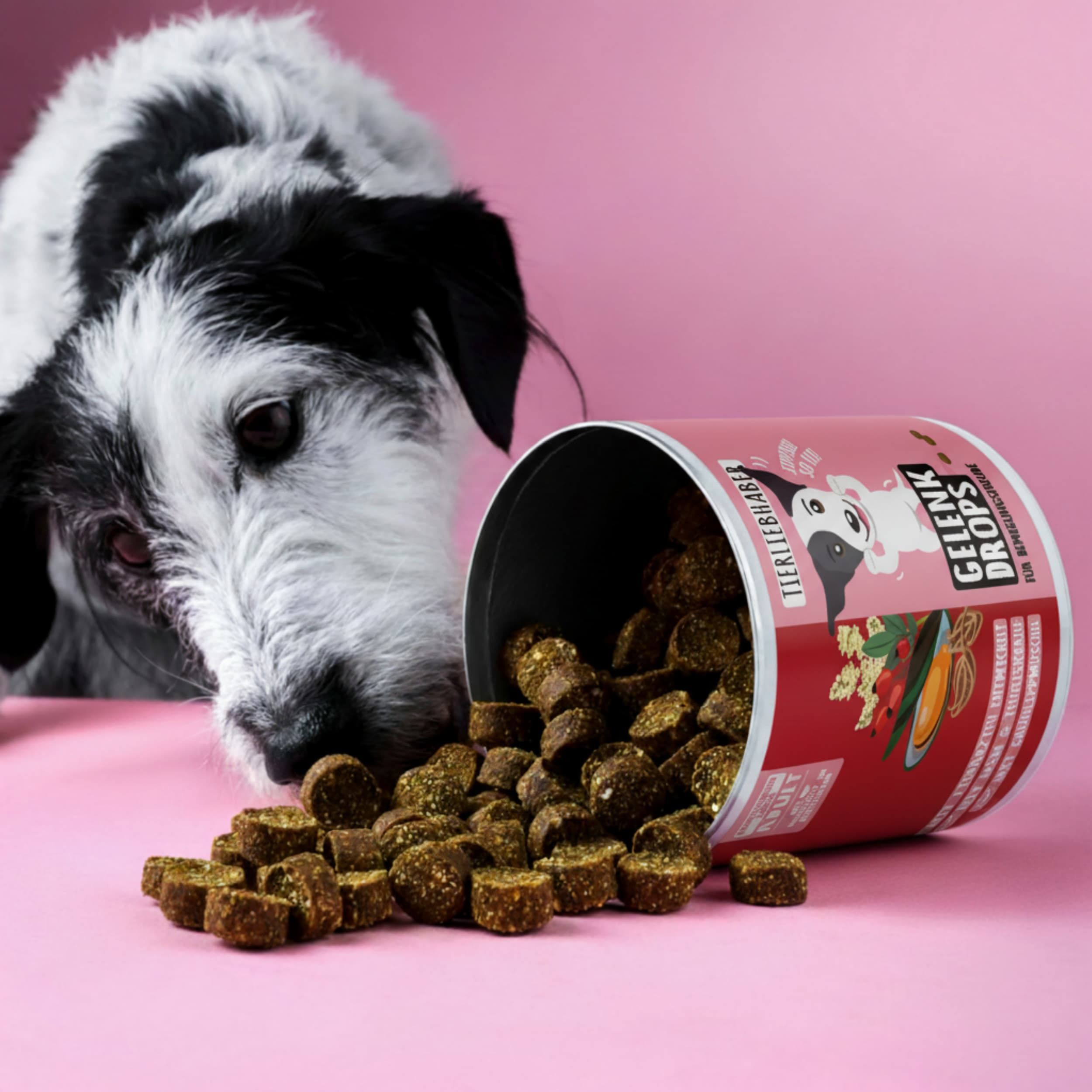 Umgekippte Dose Tierliebhaber Gelenk Drops mit herausfallenden Drops und Hund.