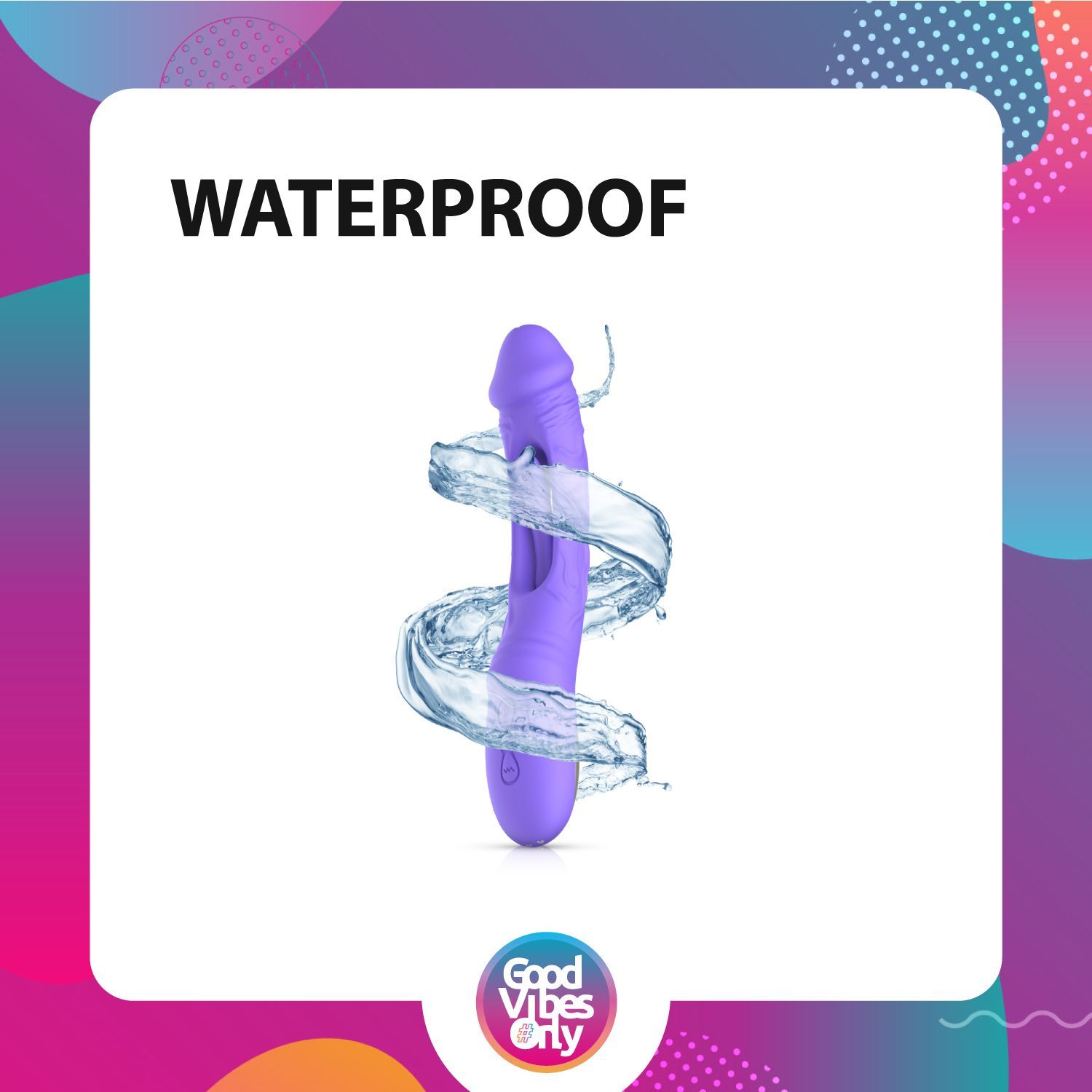 Lila Vibrator mit Wasser umgeben. Wasserstrahlen um das Produkt.
