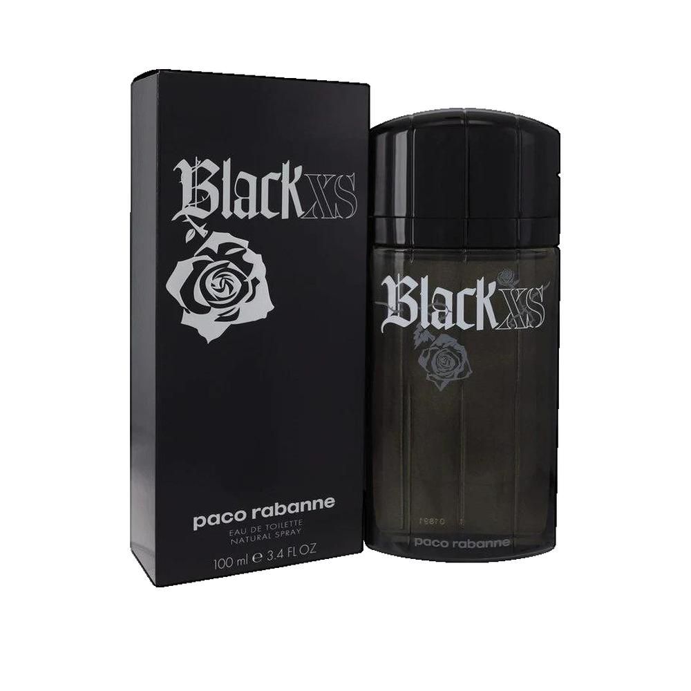 Schwarze rechteckige Schachtel und Flakon. Aufschrift Black XS und Paco Rabanne. Eau de Toilette.