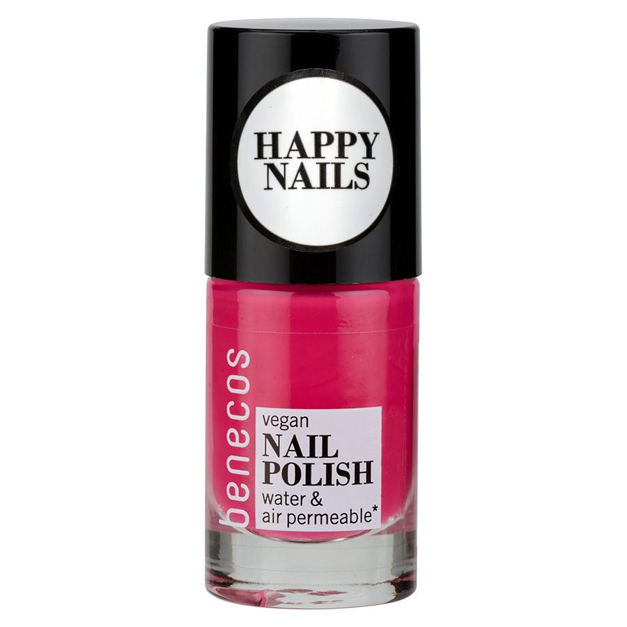 Benecos Nagellack in Glasflasche mit schwarzem Deckel. Rosa Farbe, vegan, wasser- und luftdurchlässig.