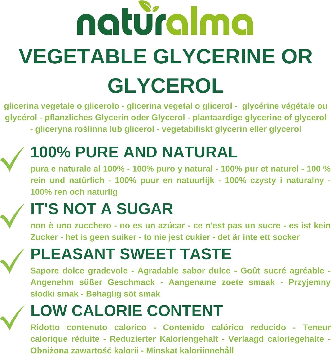 Logo von Naturalma. Text: Pflanzliches Glycerin oder Glycerin. 100% rein und natürlich. Kein Zucker. Angenehm süßer Geschmack. Geringer Kaloriengehalt.