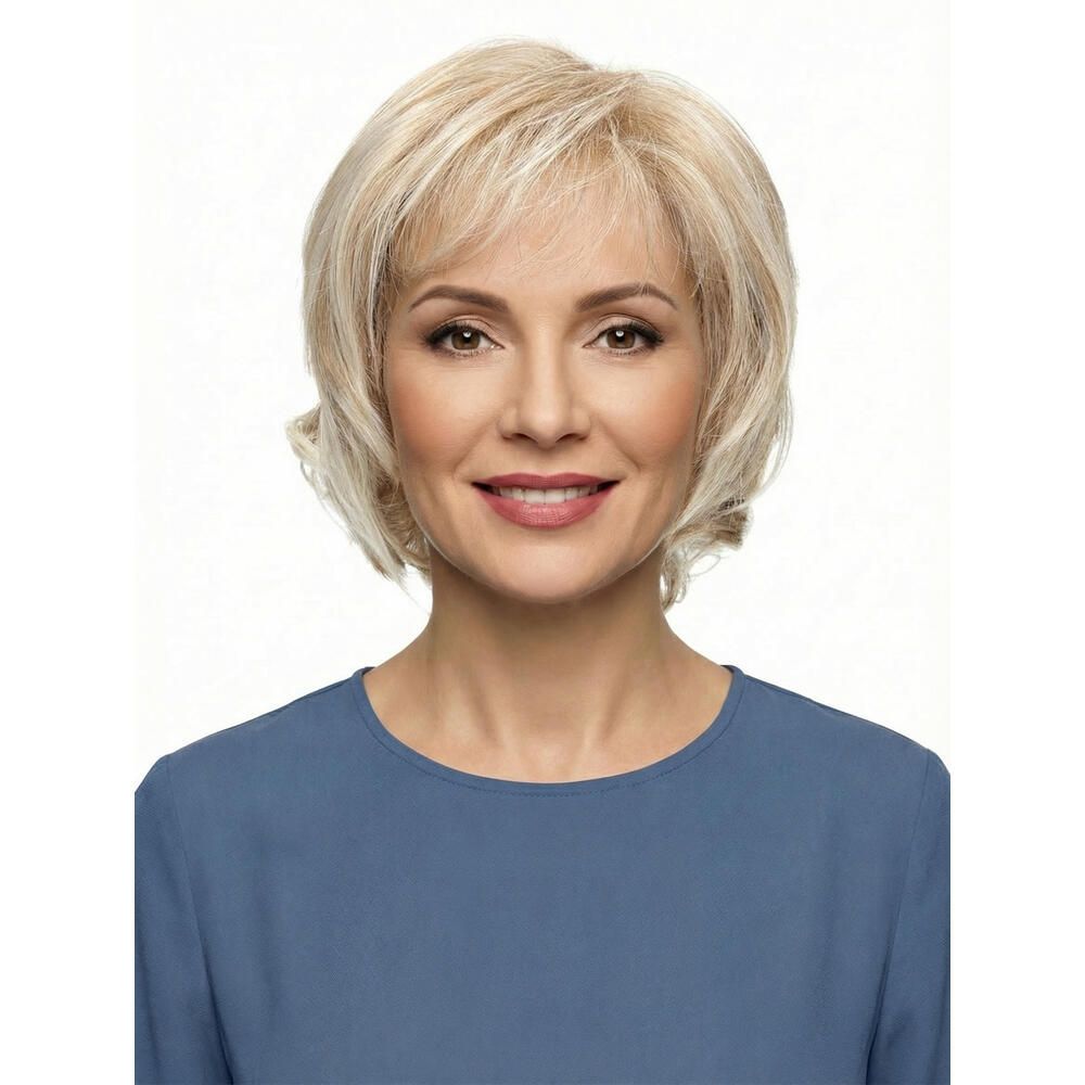 Blonde Perücke mit kurzem, gewelltem Schnitt. Frontale Ansicht einer Frau mit blauem Oberteil.