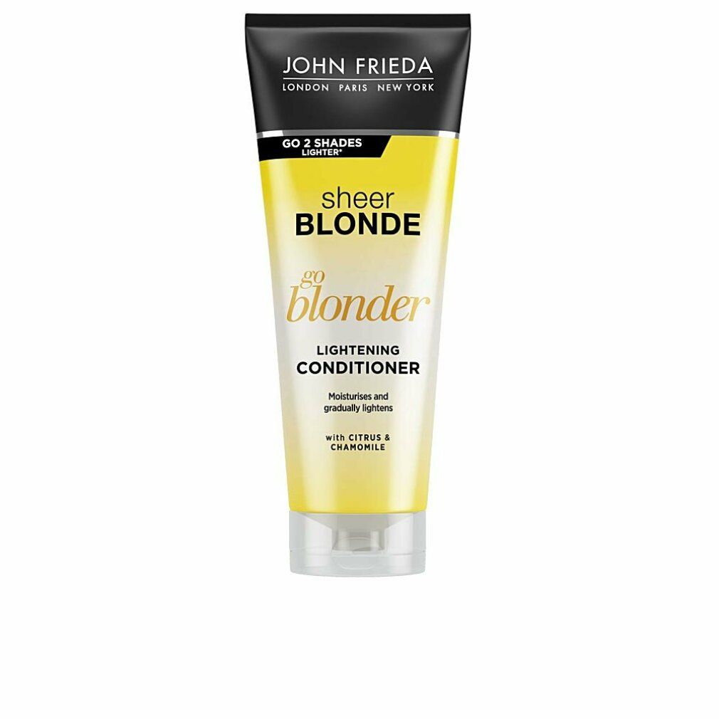 Gelbe Tube mit schwarzem Deckel. Aufschrift: John Frieda Sheer Blonde Go Blonder Lightening Conditioner. Enthält Zitrus & Kamille.