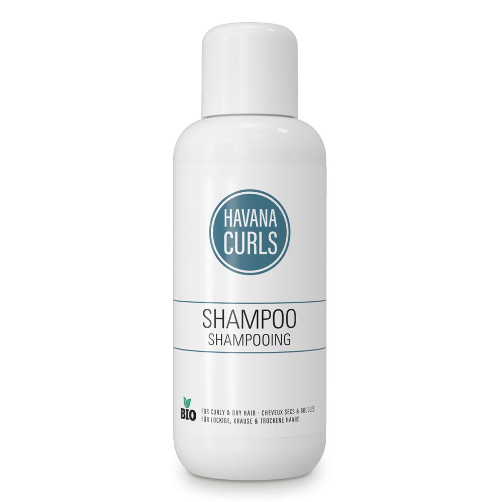 Weiße Flasche mit "Havana Curls" und "Shampoo" Aufschrift. Bio-Siegel. Für lockiges und trockenes Haar.