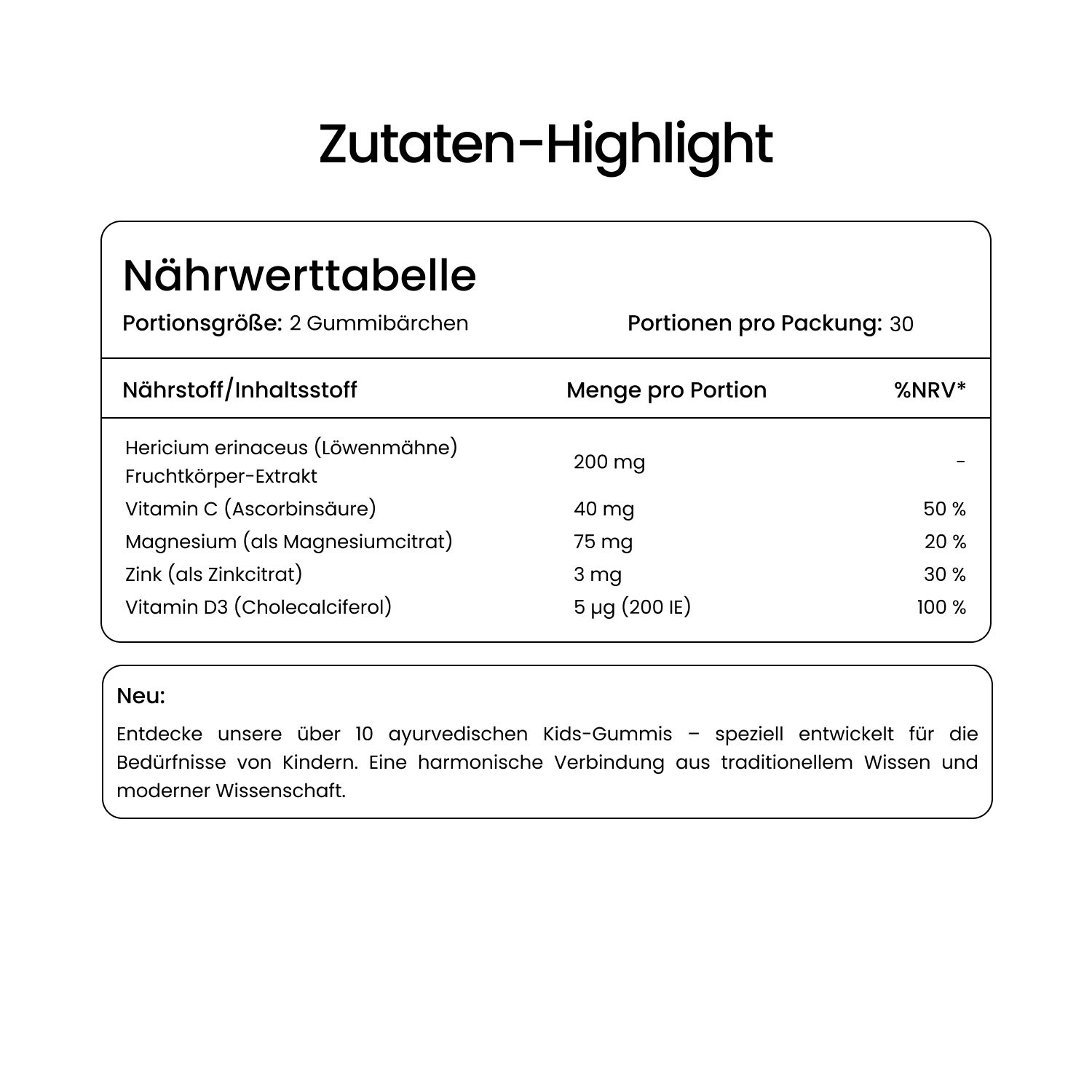 Nährwerttabelle: Hericium erinaceus, Vitamin C, Magnesium, Zink, Vitamin D3. Portionen pro Packung: 30. Text: Zutaten-Highlight.