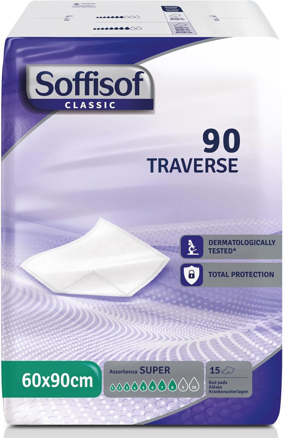 Paquet de protections de lit Soffisof Classic. Taille 60x90cm. 90 pièces. Testé dermatologiquement. Protection totale.
