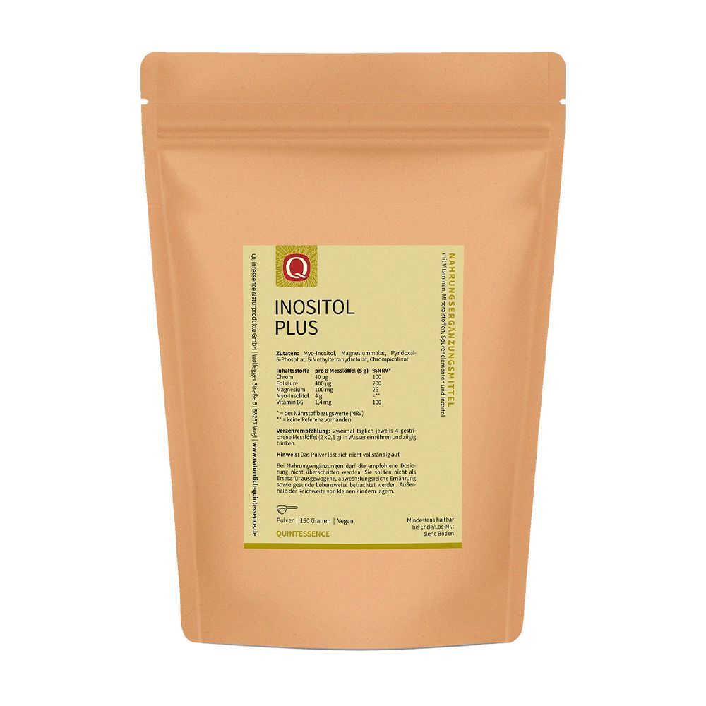 Beutel mit Produktetikett: Inositol Plus. Inhaltsstoffe und Nährwertangaben.