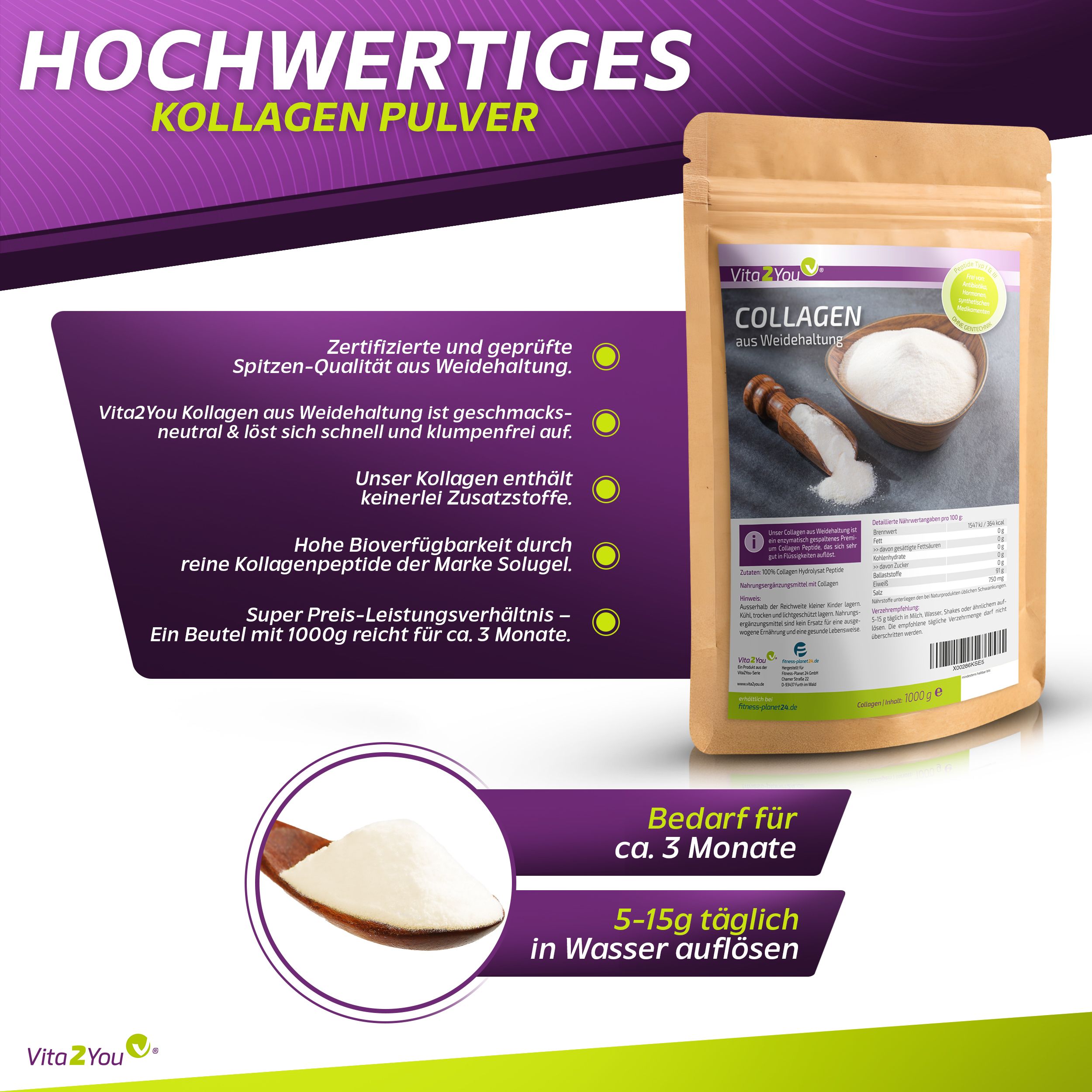 Beutel mit Collagen Pulver, Holzschale und Löffel. Text: Hochwertiges Kollagen Pulver, Vita2You, Bedarf für ca. 3 Monate.