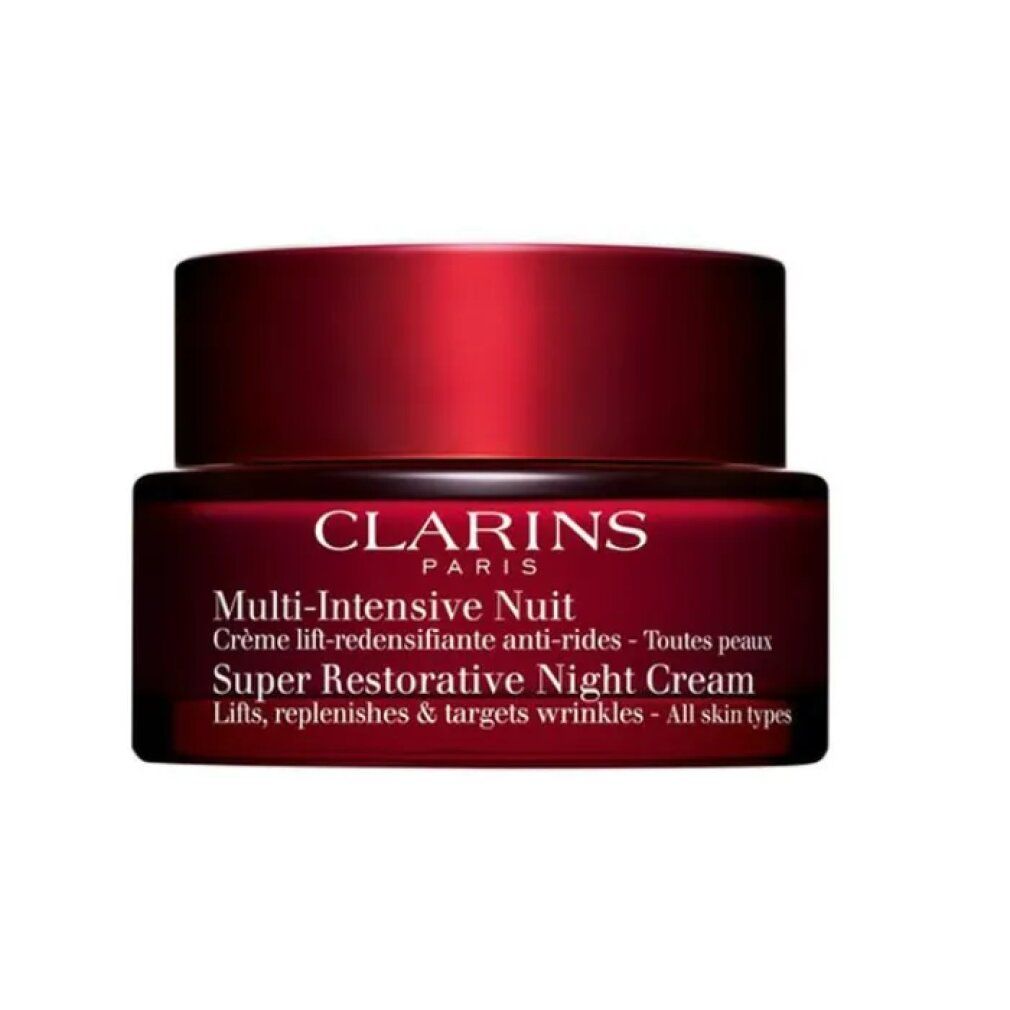 Roter Tiegel Clarins Multi-Intensive Nuit Super Restorative Night Cream. Text auf dem Etikett.