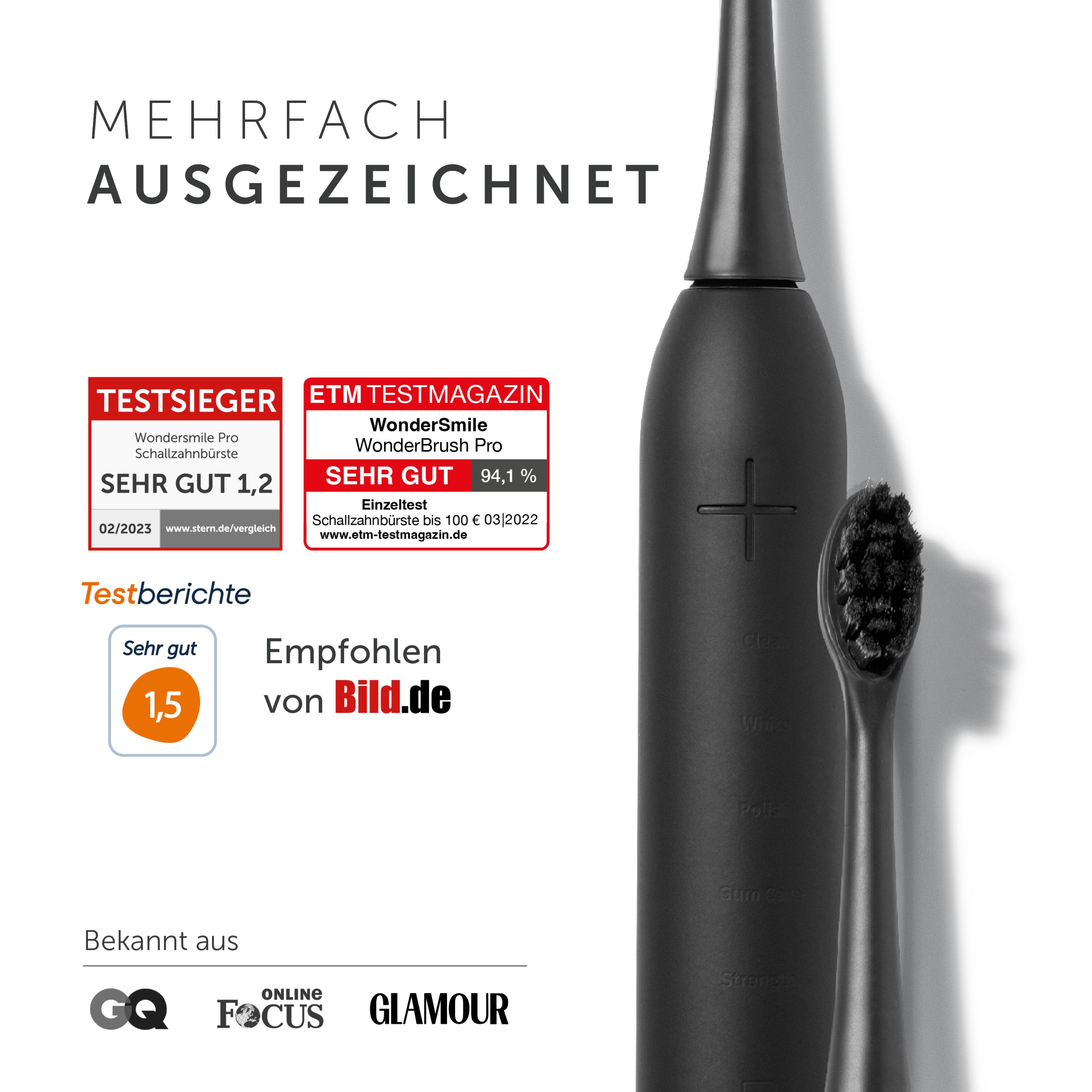 Nahaufnahme der schwarzen Schallzahnbürste. Auszeichnungen: TESTSIEGER, ETM Testmagazin. Empfohlen von Bild.de. Erwähnt in GQ, Focus, Glamour.