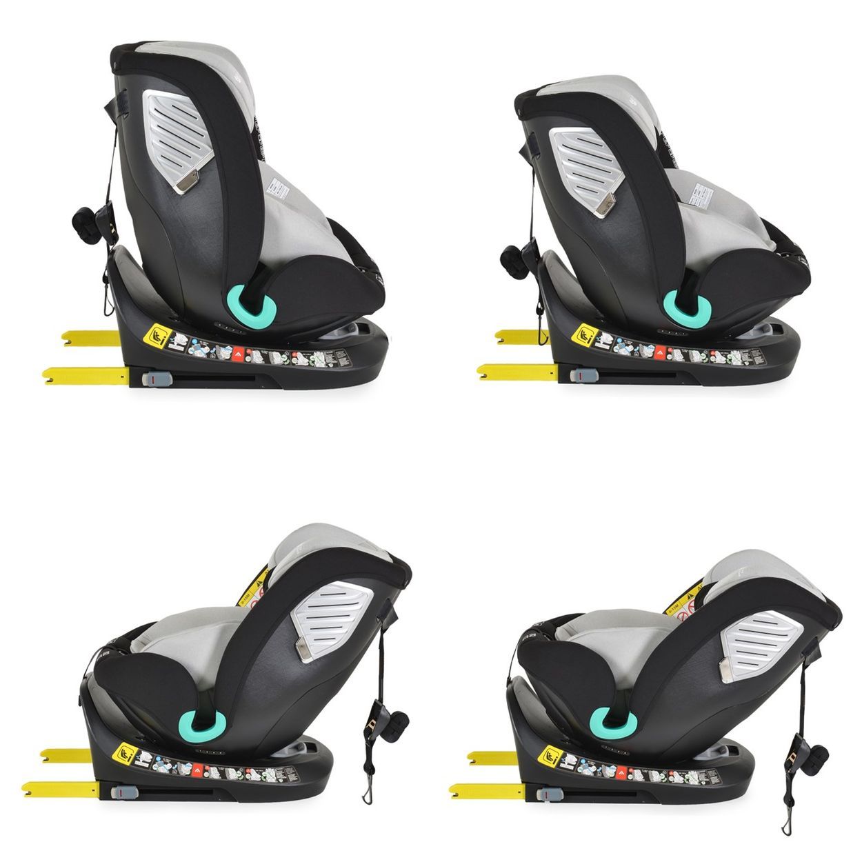 Schwarzer Kindersitz mit Teddy-Motiv, drehbarer Basis und ISOFIX-Befestigung.
