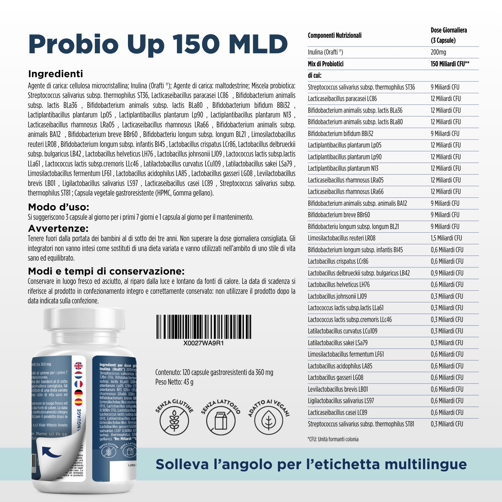 Produktinformationen. Zutaten, Dosierung, Warnhinweise. Produktabbildung: Probio Up 150 MLD, 120 Kapseln. Glutenfrei, vegan.