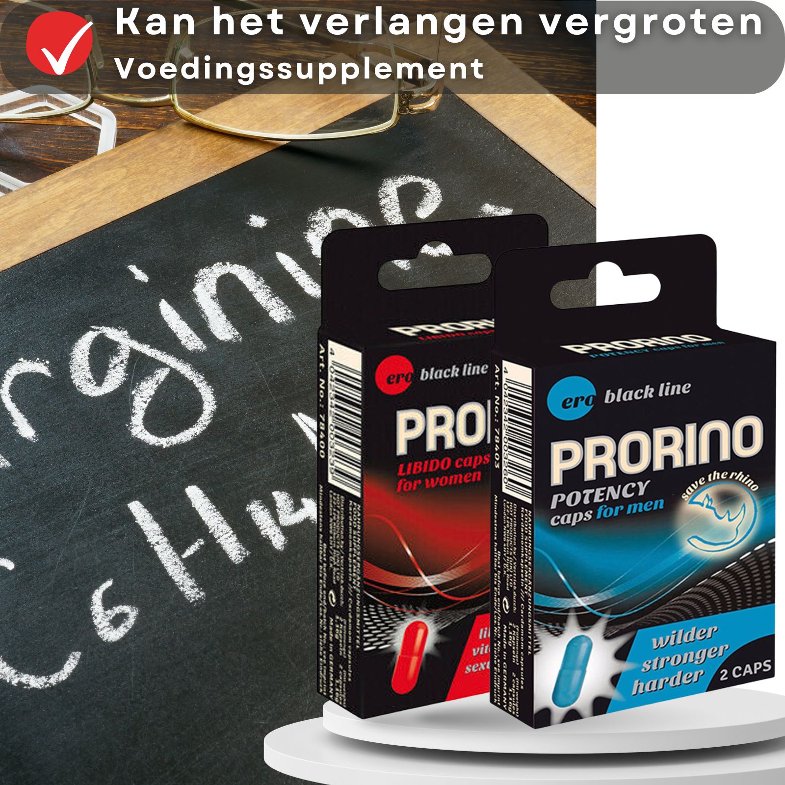 Zwei Schachteln mit Kapseln. Text: Prorino, Libido Caps, Potency Caps. Frau und Mann im Hintergrund.