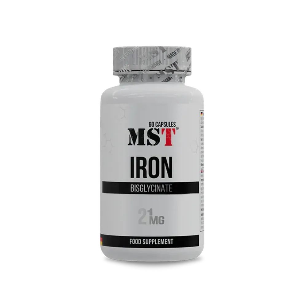 Weiße Flasche mit MST Iron Bisglycinate. 60 Kapseln. 21mg. Lebensmittelzusatz. Verschluss mit Aufdruck.