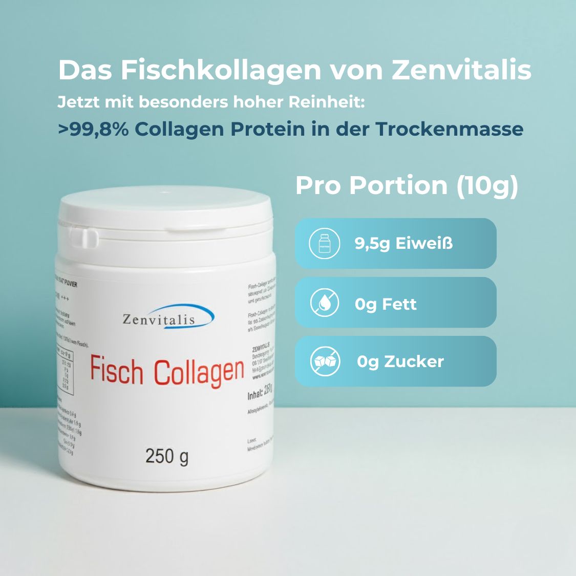 Weiße Dose mit blauem Hintergrund. Text: Zenvitalis, Fisch Collagen, 250 g. Nährwertangaben.