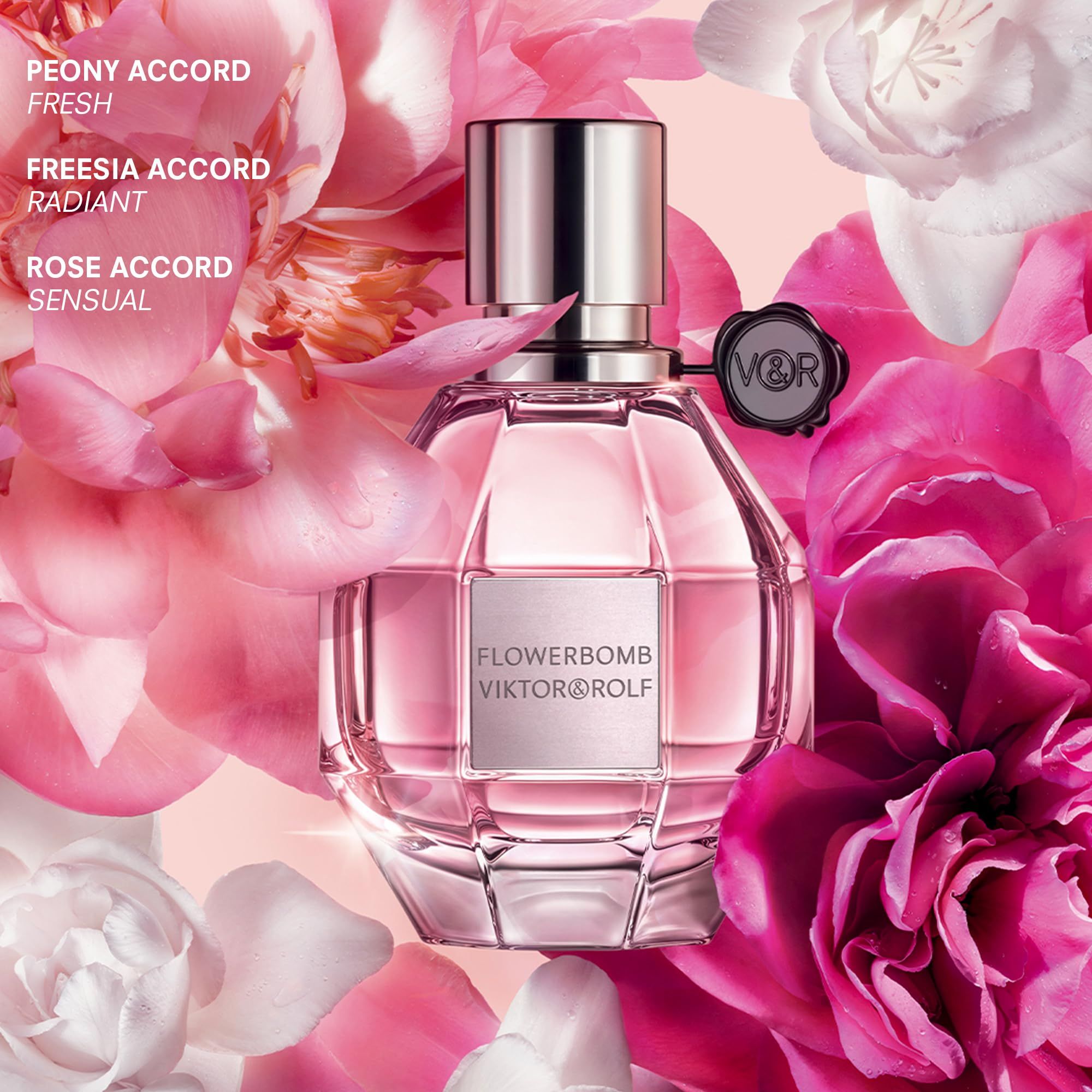 Flowerbomb-Parfümflakon von Viktor & Rolf, umgeben von rosa und weißen Blüten. Text: Peony Accord, Freesia Accord, Rose Accord.