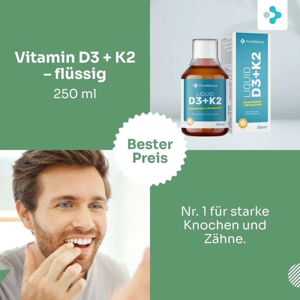 Flasche und Karton mit flüssigem Vitamin D3 + K2 (250 ml) von FutuNatura.