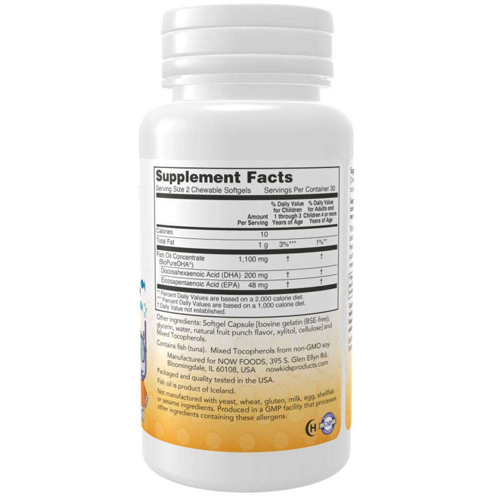 Rückseite der weißen Flasche. Enthält Nährwertangaben. Enthält 100 mg DHA. Enthält 40 Softgels. Hergestellt von NOW FOODS.