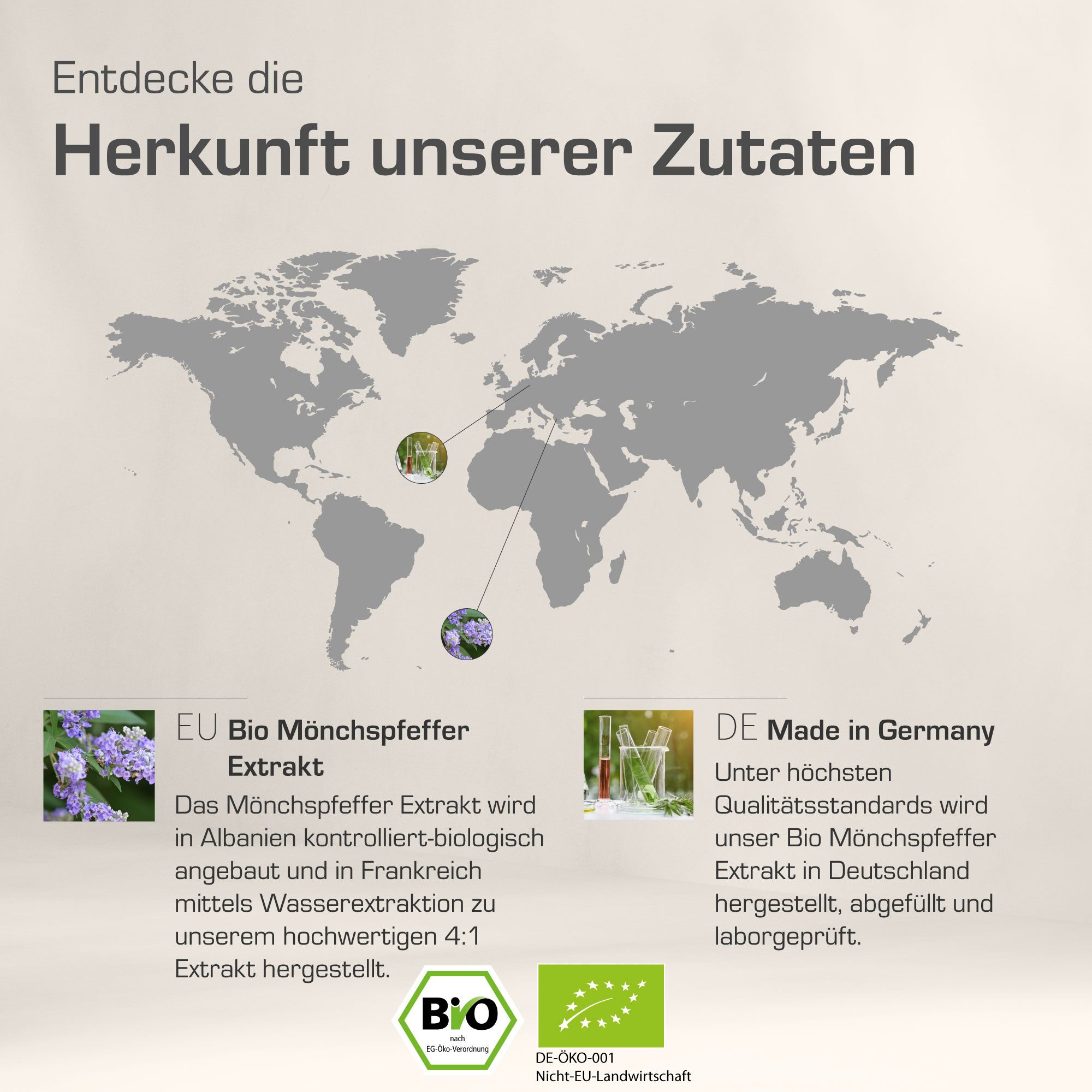 Weltkarte mit Markierungen. Text: EU Bio Mönchspfeffer Extrakt. DE Made in Germany. Bio-Siegel.