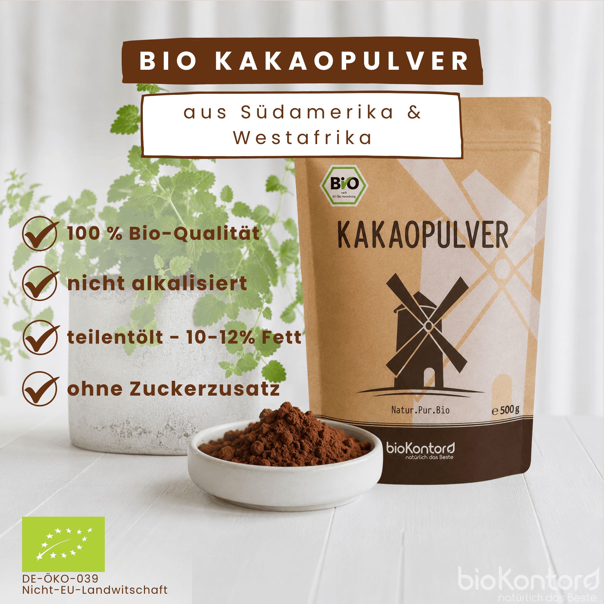Bio Kakaopulver in einer Tüte neben einer Topfpflanze und einer Schale Pulver.
