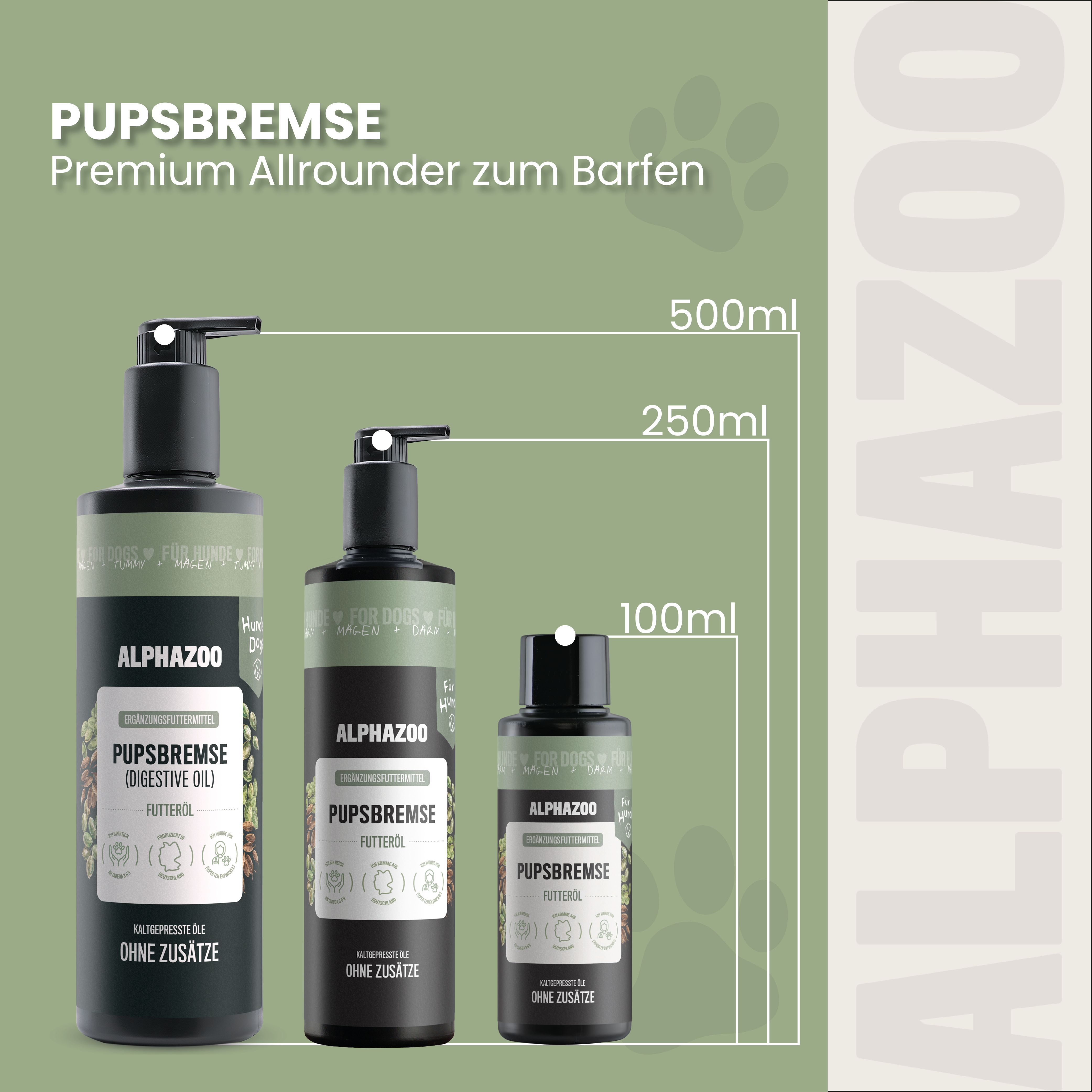 Drei Flaschen Alphazoo Pupsbremse Futteröl. Größen: 500ml, 250ml, 100ml. Text: Premium Allrounder zum Barfen. Ohne Zusätze.