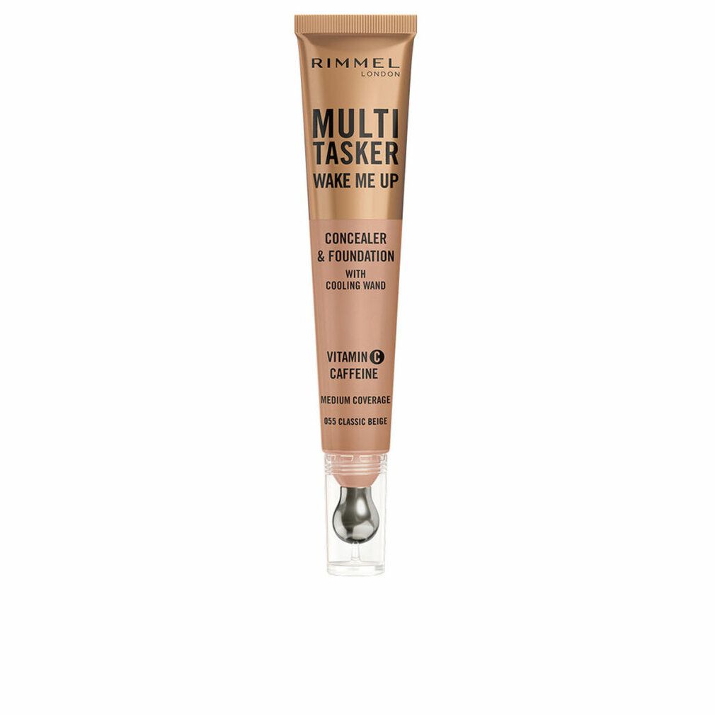 Beige Tube mit Text: Rimmel London Multi Tasker Wake Me Up Concealer & Foundation. Mit Kühlstab. Enthält Vitamin C und Koffein.