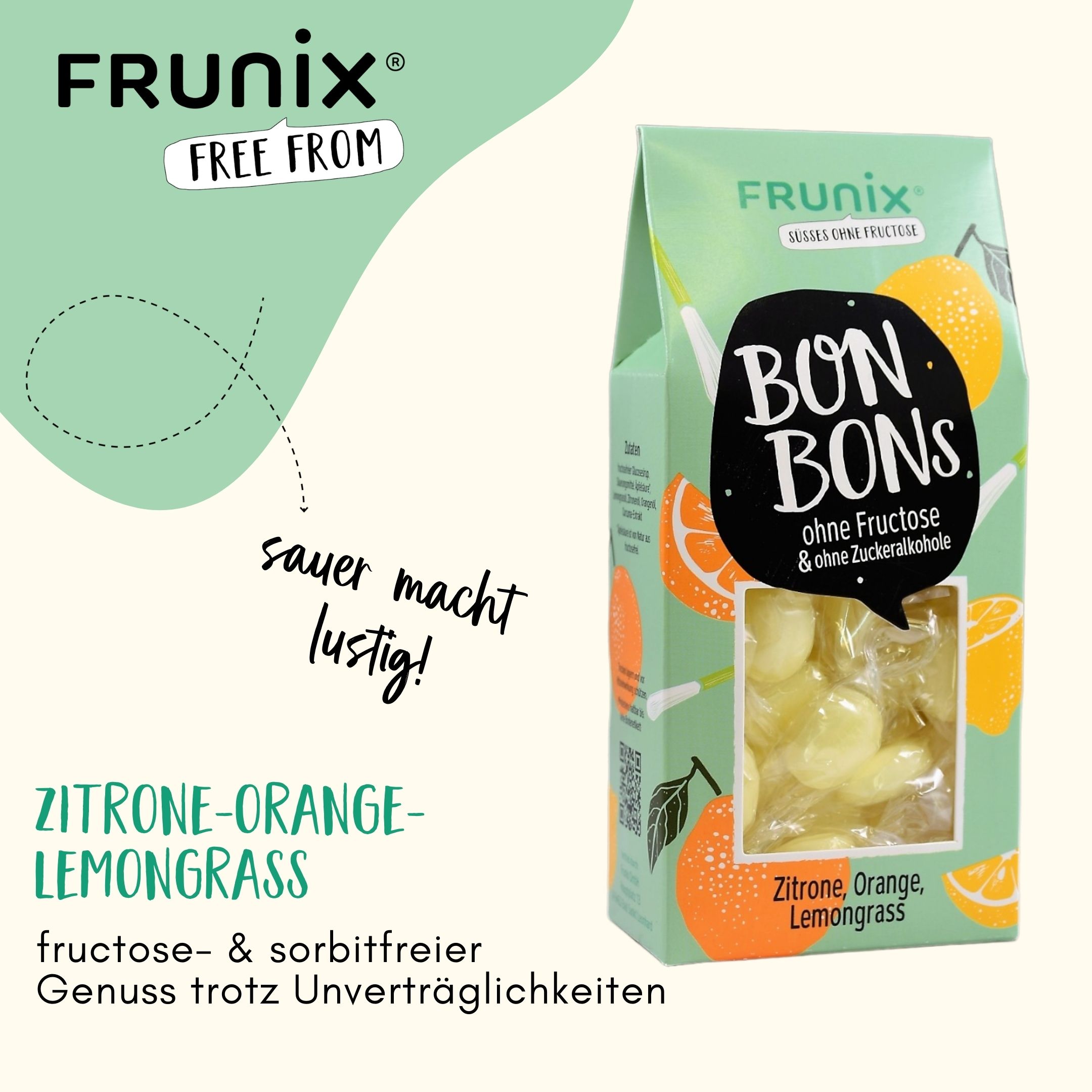 Frunix Bonbons ohne Fructose & Zuckeralkohole, Sorte: Zitrone-Orange-Lemongrass 90 g