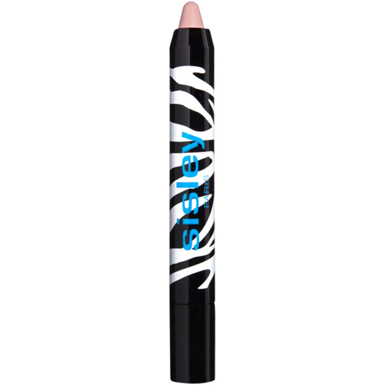 Stift mit rosa Spitze. Schwarz-weiß gestreifter Schaft mit blauem "Sisley Paris"-Schriftzug. Schwarzer Deckel.