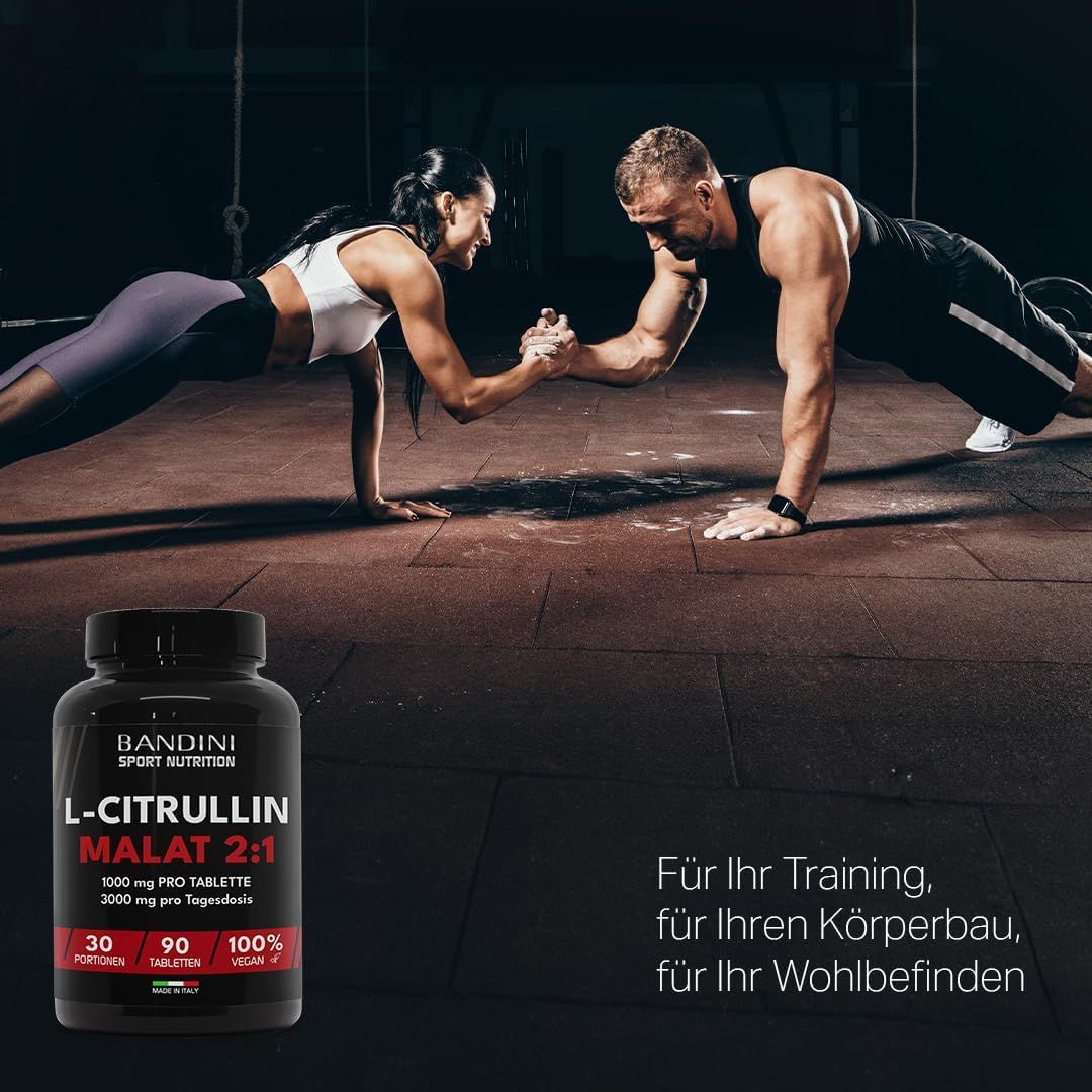 Schwarze Flasche Bandini L-Citrullin Tabletten. Aufschrift: L-Citrullin Malat 2:1. 30, 90 Tabletten. Vegan. Athleten trainieren.