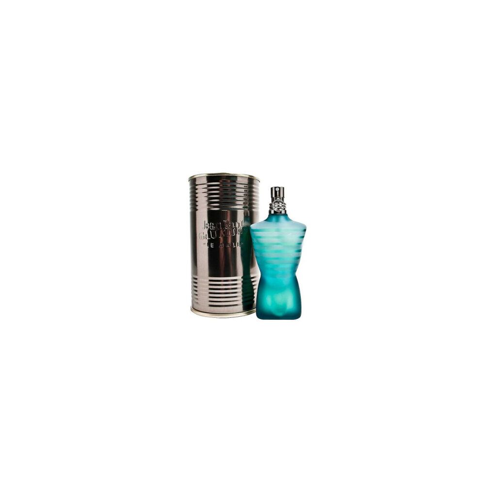 Silberne Dose und türkisfarbene Flasche in Torsoform. Aufschrift: Jean Paul Gaultier, Eau de Toilette.