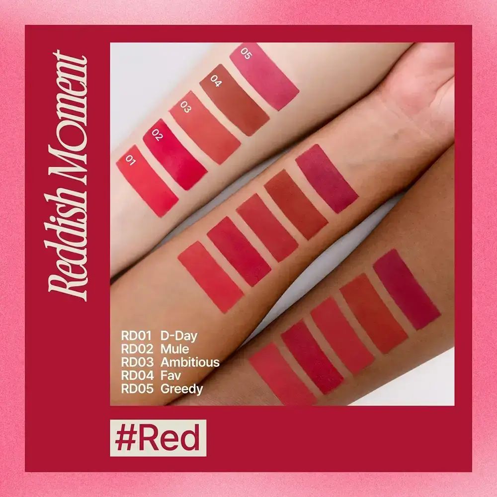 Arme mit Farbmustern in Rot. Text: Reddish Moment, RD01-05, #Red.