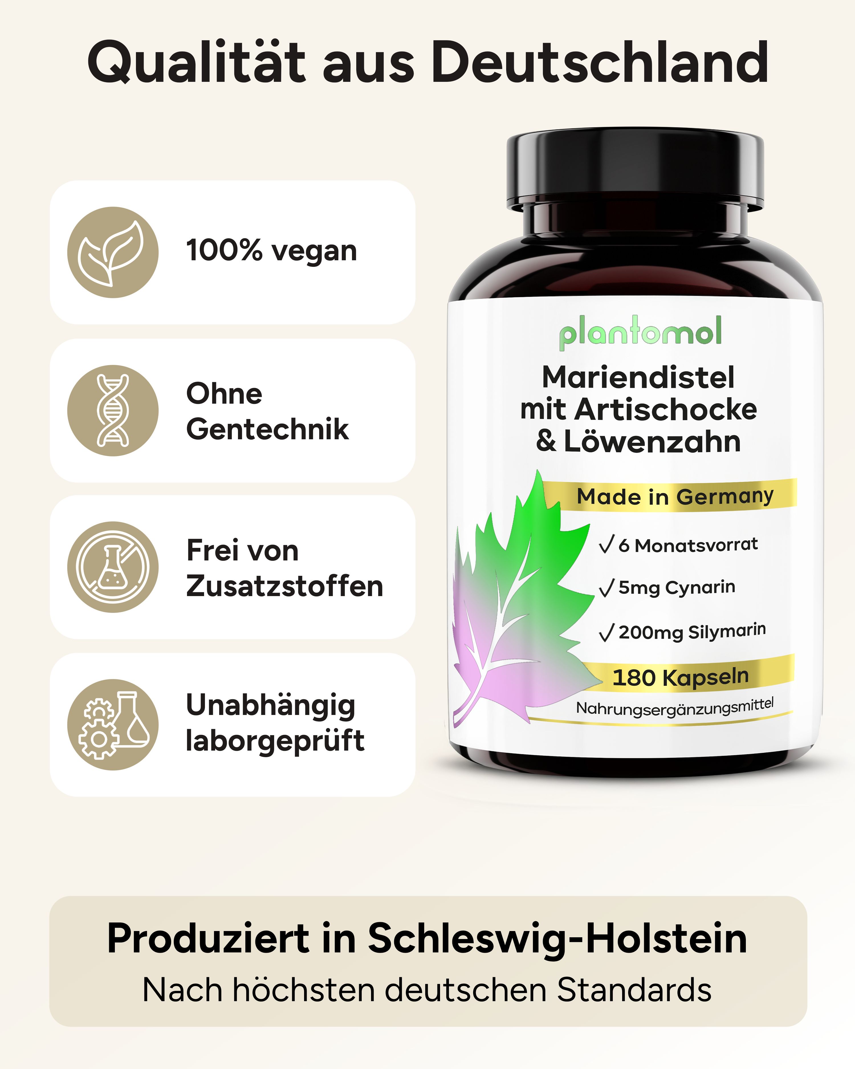 Produktflasche mit Etikett. Siegel: 100% vegan, ohne Gentechnik, frei von Zusatzstoffen, laborgeprüft.