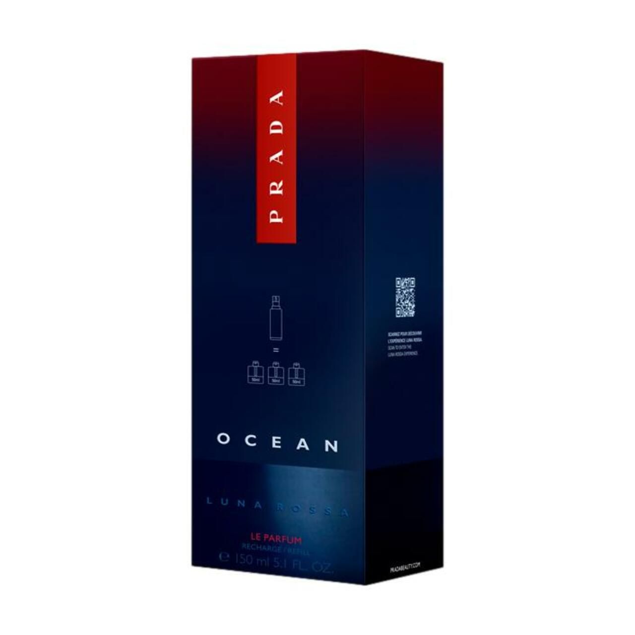 Verpackung Prada Luna Rossa Ocean Le Parfum. Blaue Box mit rotem Prada-Logo. Text und Illustrationen.