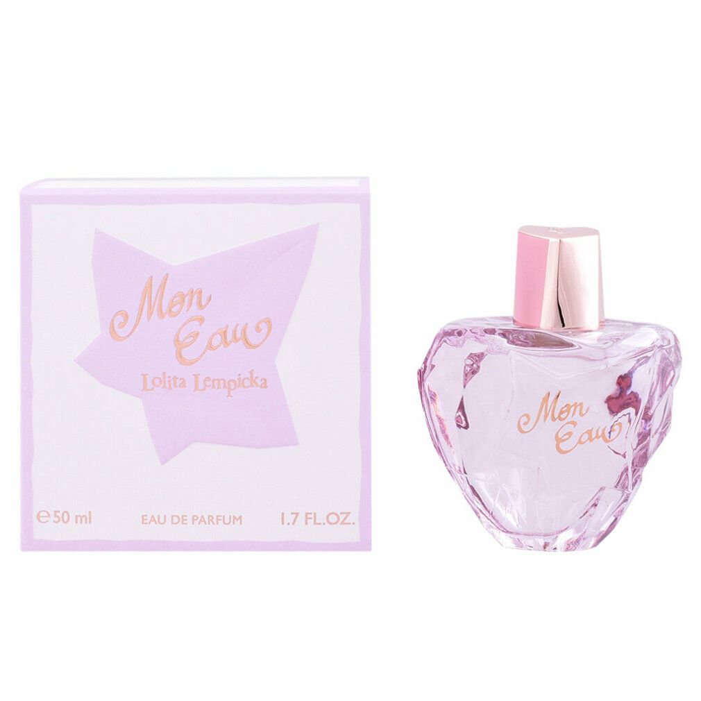 Parfümflakon und Schachtel. Flakon herzförmig, rosa. Schachtel weiß-rosa mit Schriftzug Mon Eau. E 50 ml, 1.7 FL.OZ.