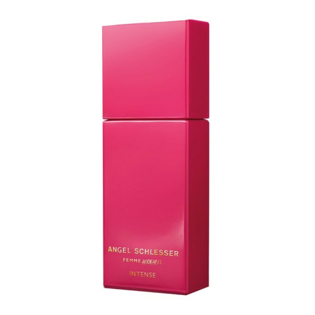 Rosa Parfumflakon mit rechteckiger Form. Aufschrift: Angel Schlesser Femme Adorable Intense.