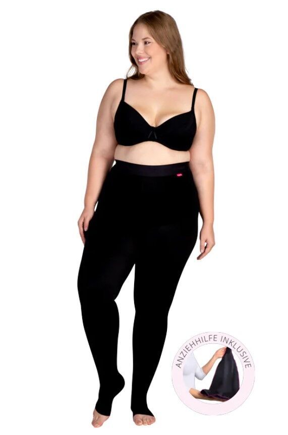 Schwarze LIPOELASTIC TBfLg Leggings LOW. Frau trägt Leggings. Inklusive Anziehhilfe. Offene Zehen. Hoher Bund. Schwarzer BH.