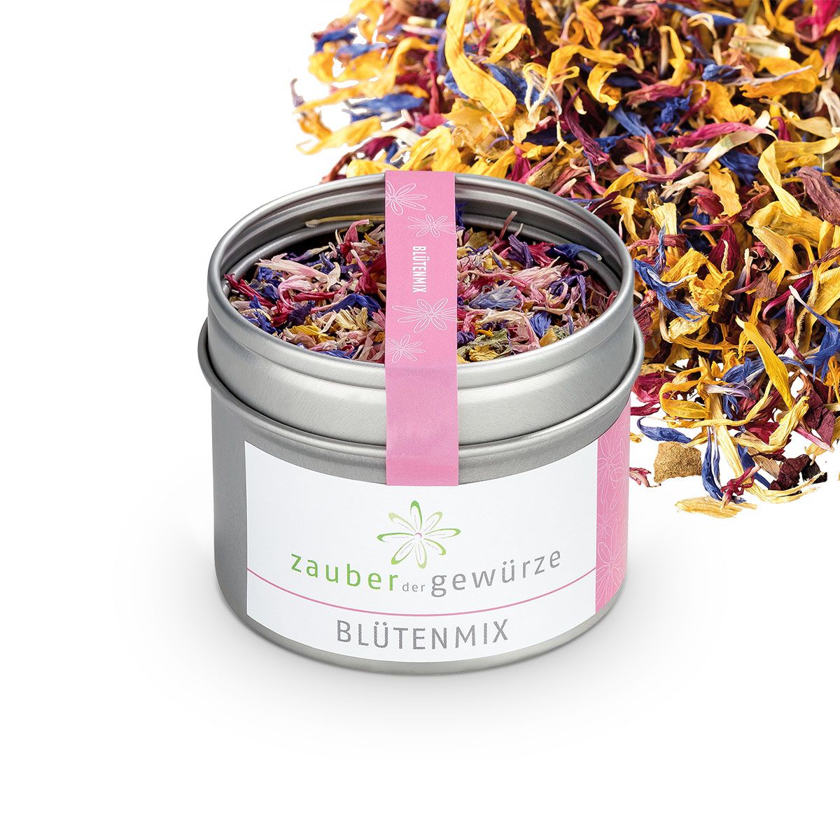 Geöffnete, silberne Dose mit Blütenmix. Blütenmix verstreut. Rosa Etikett mit Schriftzug. Produktname: Blütenmix.