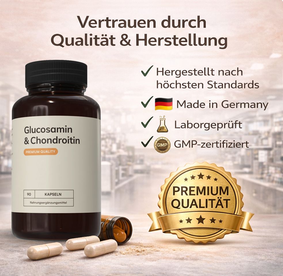 Braune Flasche mit Kapseln. Aufschrift: Glucosamin & Chondroitin. Premium Quality. Made in Germany. GMP-zertifiziert.