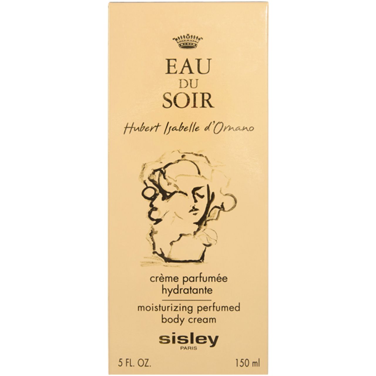 Kartonverpackung, beige. Aufschrift: Eau du Soir, Crème Parfumée Hydratante, Sisley. Mit Größenangabe.