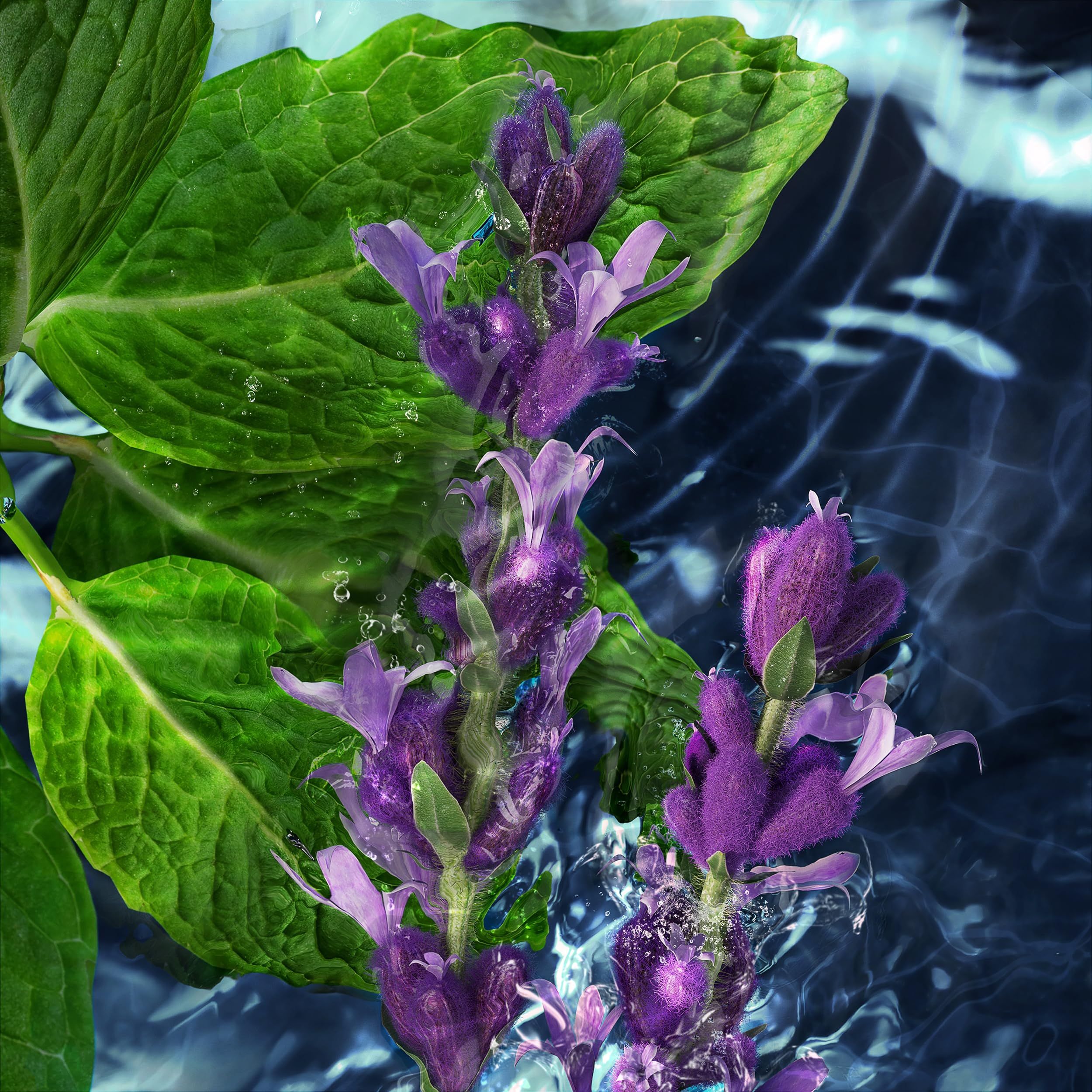 Lila Blüten unter Wasser. Grüne Blätter. Blauer Hintergrund.