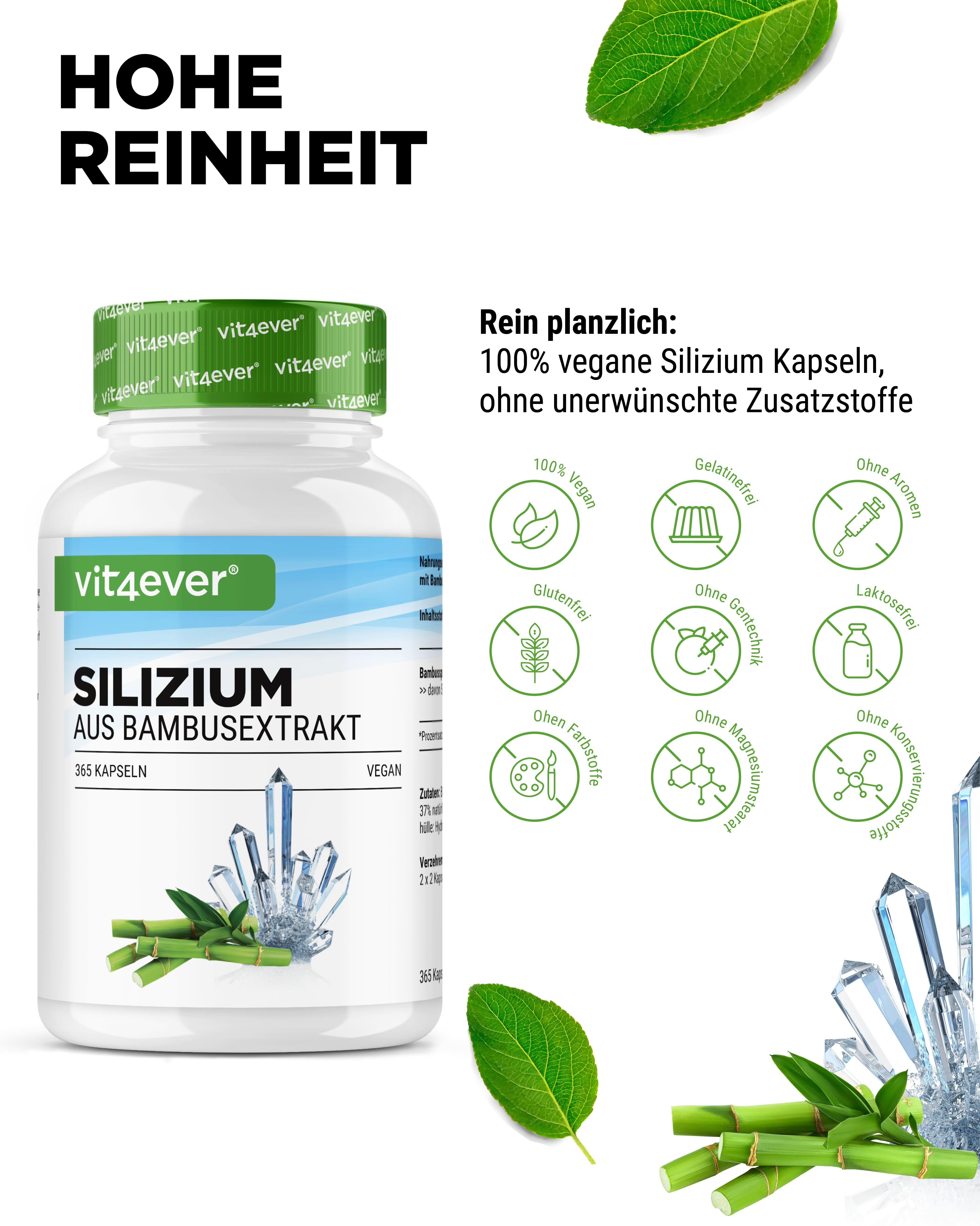 Produktflasche mit Etikett. Aufschrift: Silizium aus Bambusextrakt. Logo: vit4ever. 365 Kapseln. Text: 100% vegan, ohne Zusatzstoffe.