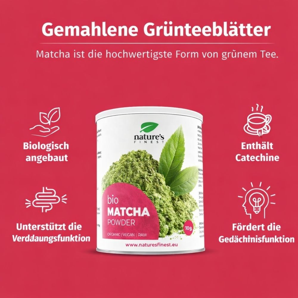 Text mit Informationen zu Bio Matcha Pulver. Vorteile, Inhaltsstoffe, Herkunft, Lagerung, Garantie.