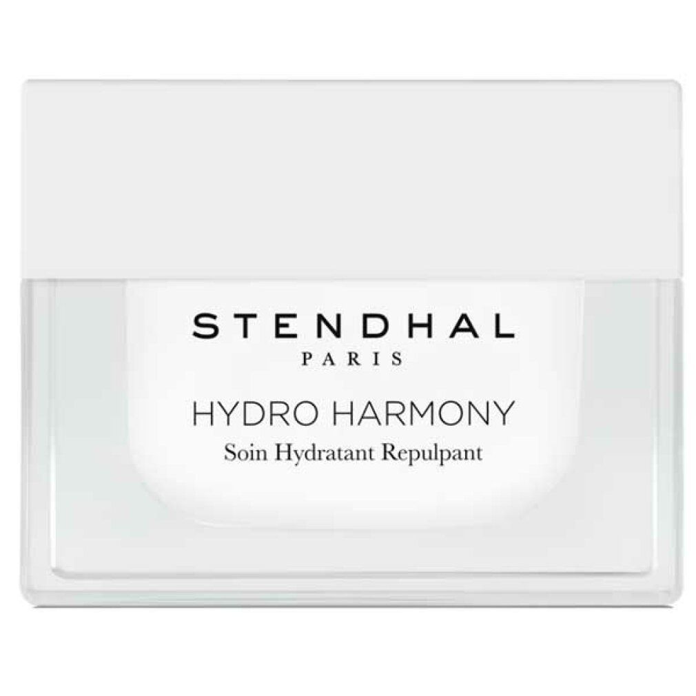 Weißer Tiegel mit Deckel. Aufschrift: STENDHAL PARIS, HYDRO HARMONY, Soin Hydratant Repulpant.