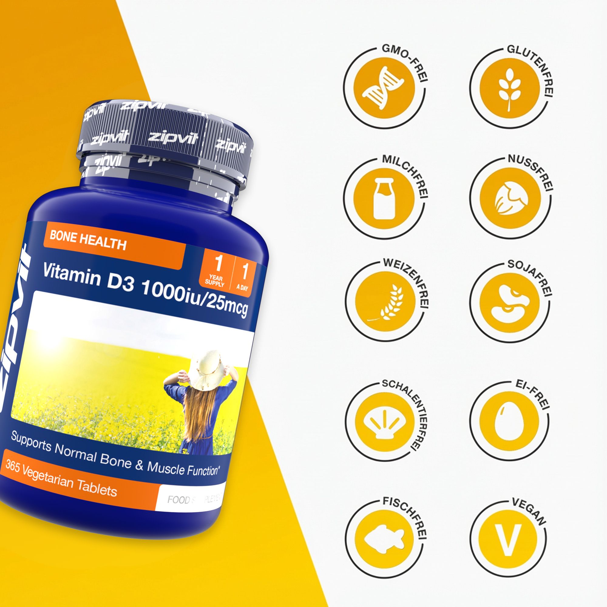 Blaue Flasche mit Vitamin D3. Text: GMO-frei, glutenfrei, milchfrei, nussfrei, weizenfrei, sojafrei, schalenfruchfrei, eifrei, fischfrei, vegan.