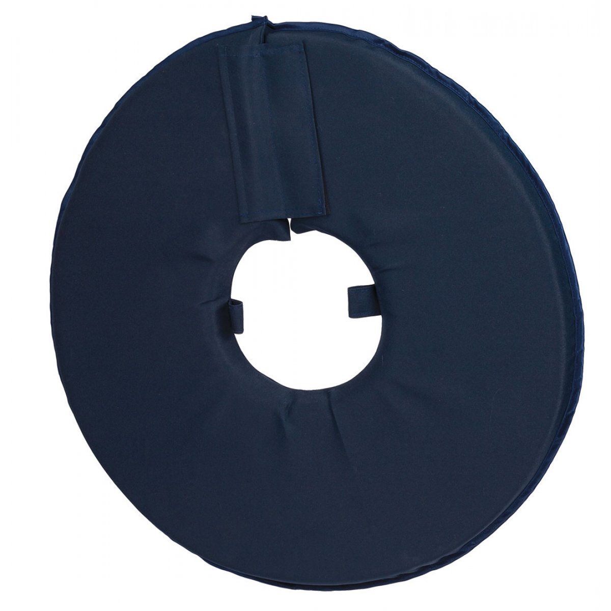 Blauer Leckschutzkragen für Hunde. Ringförmig, mit Klettverschlüssen und Öffnung in der Mitte. Gepolstert.