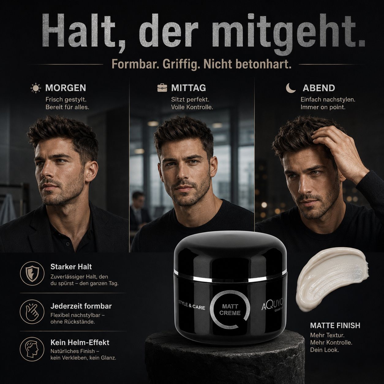 Männerfrisuren im Tagesverlauf: Morgen, Mittag, Abend. Produkt im Tiegel.