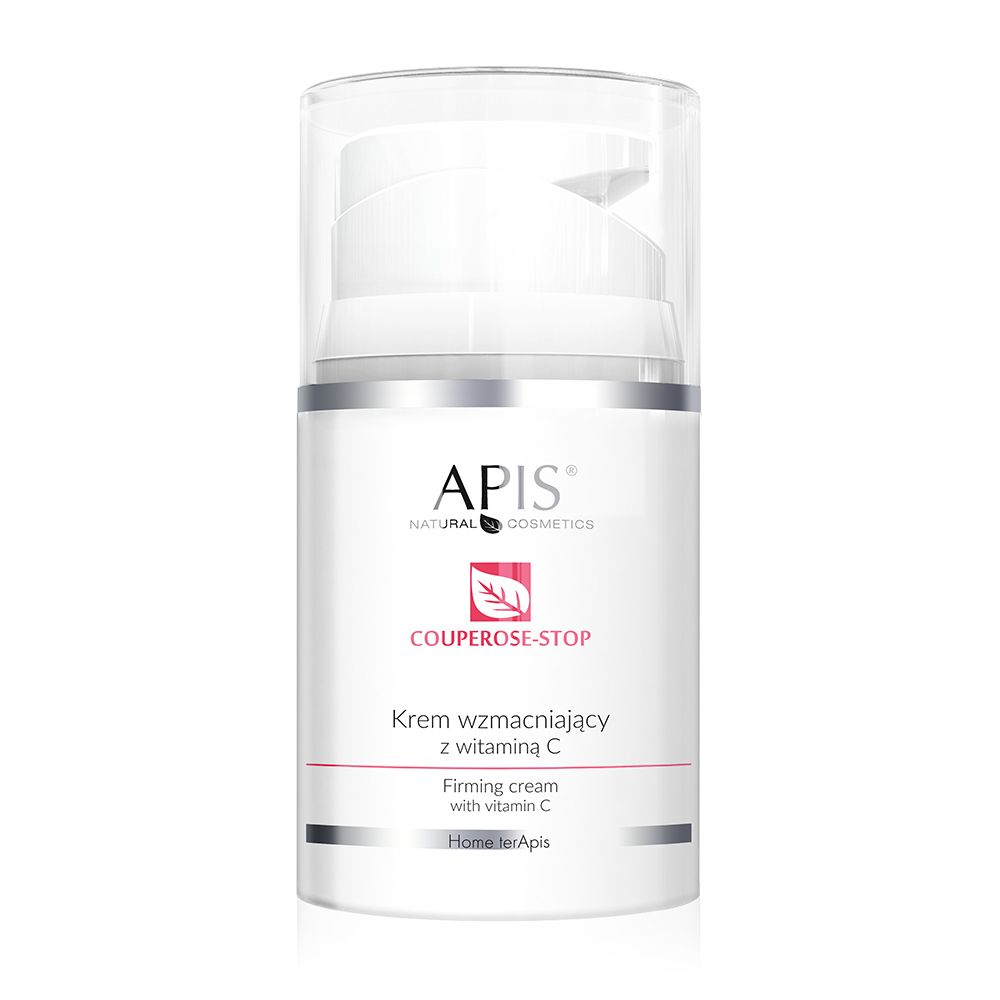 Weiße Creme-Flasche mit Pumpverschluss. Aufschrift: APIS, COUPEROSE-STOP, Krem wzmacniający z witaminą C, Firming cream with vitamin C.