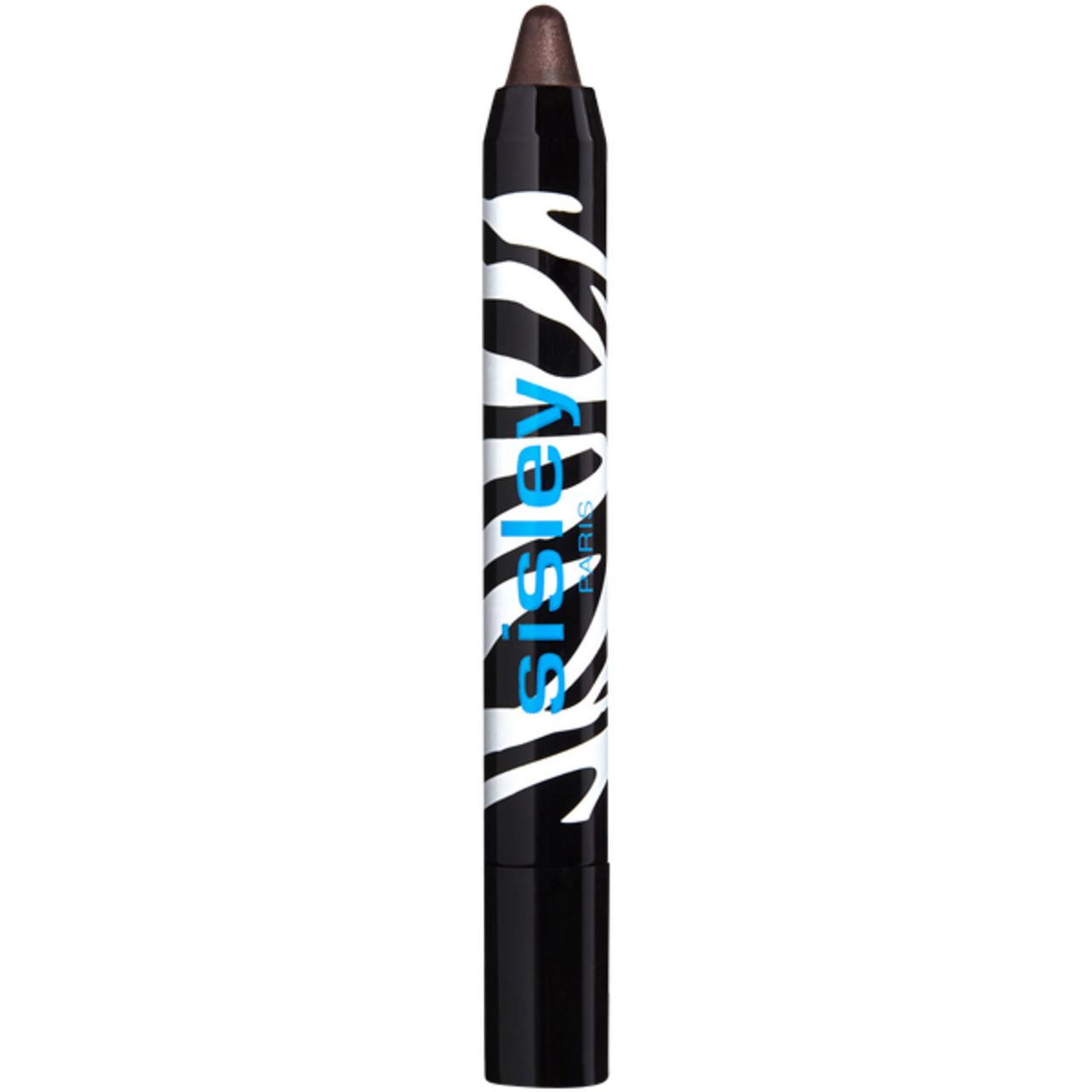 Sisley Phyto-Eye Twist Stift. Schwarzer Stift mit Zebra-Muster und blauer Schrift. Geöffnete Spitze mit brauner Farbe.