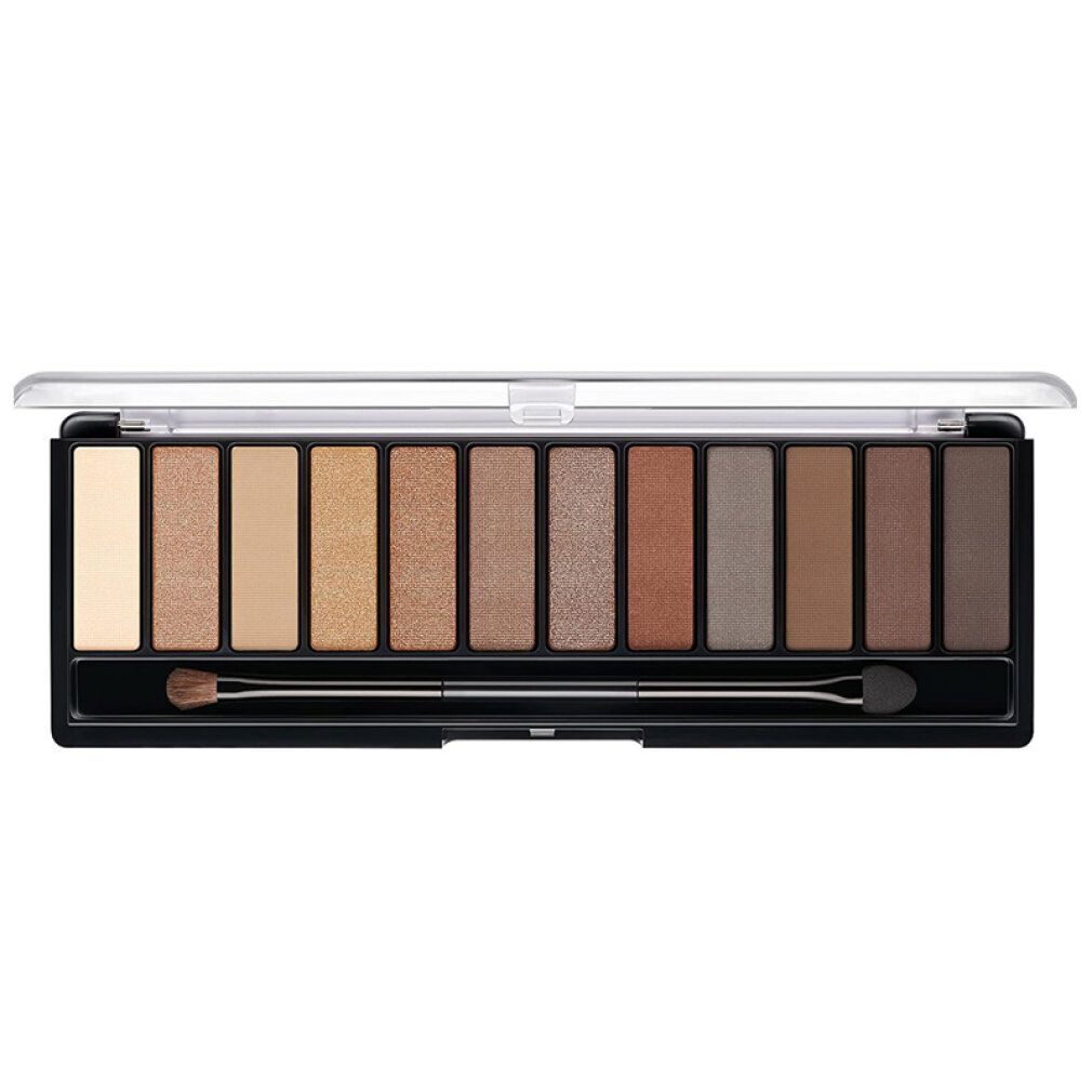 Lidschattenpalette mit 12 Farbtönen in Nude-Tönen. Schwarzer Kunststoffbehälter mit transparentem Deckel und Applikator.